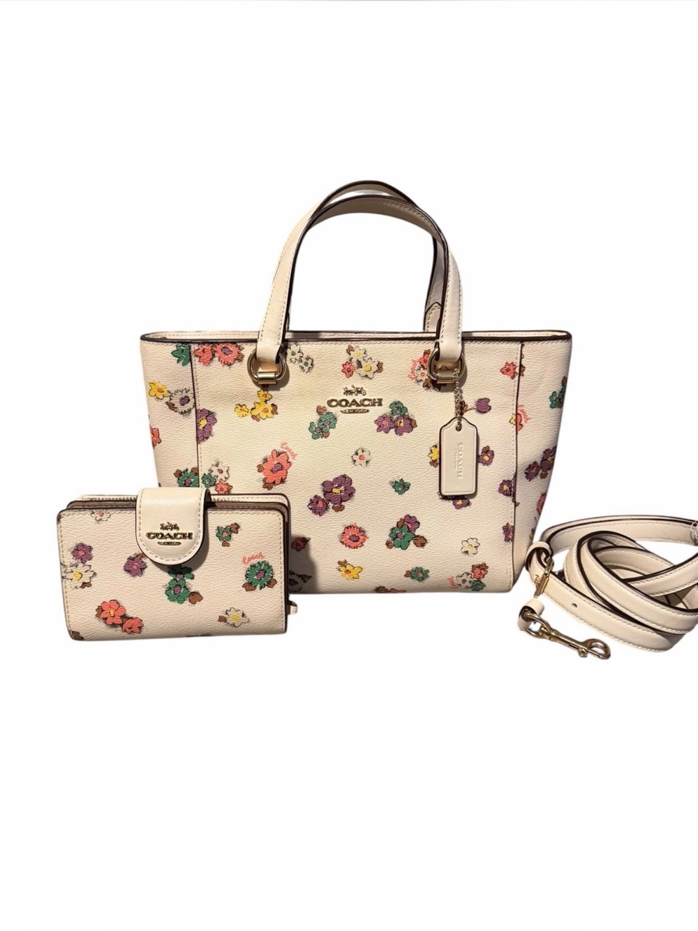 Coach Cream Floral 💐Mini Tote with Multicolor Flowers and Wallet Set✨